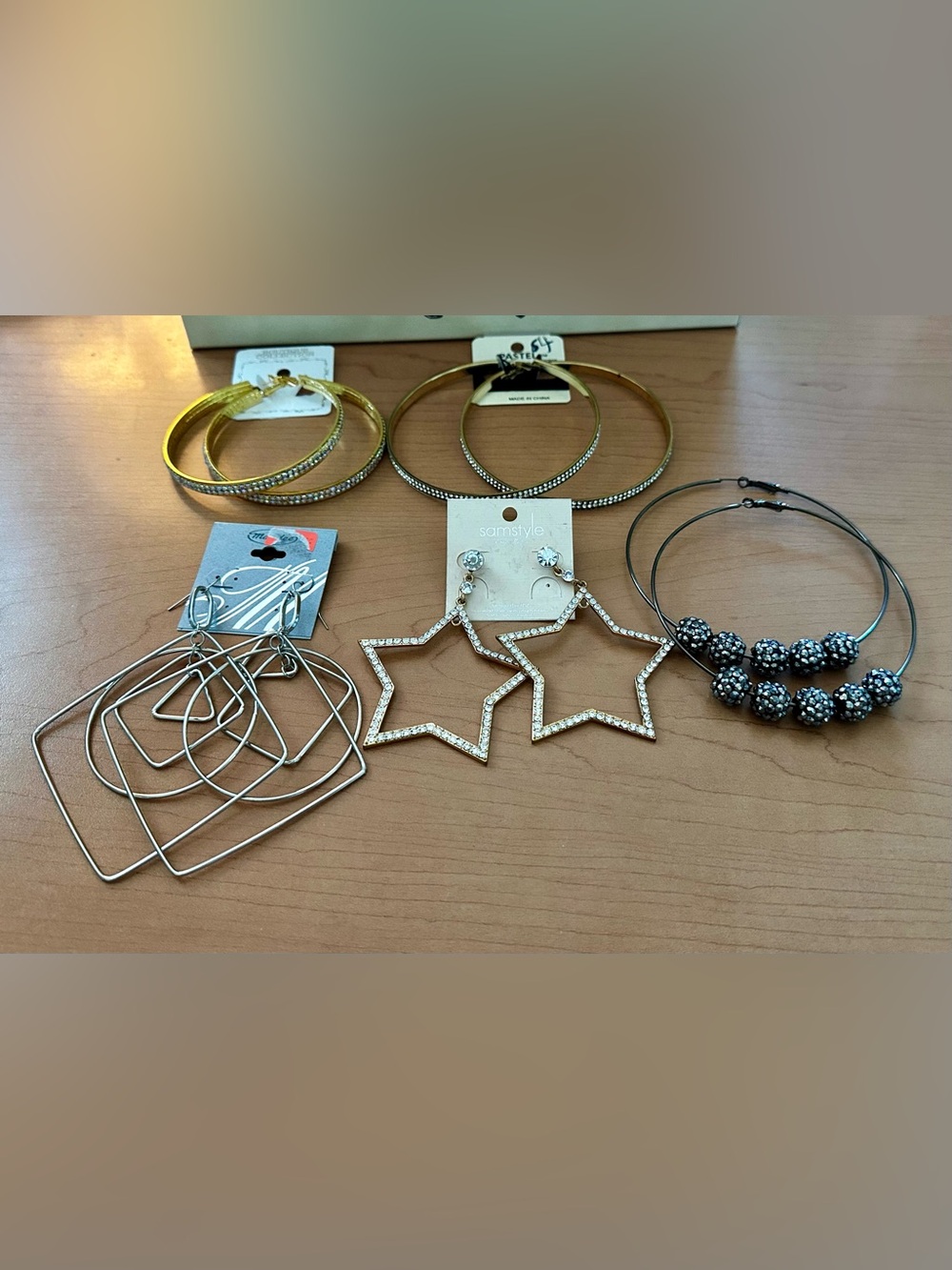 Lot of 5 Large Earrings -3 Hoops, 1 Silver and 1 Stars.